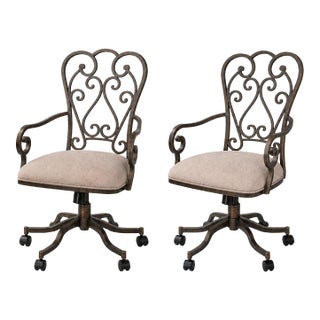 Pair of Vintage Sunlit Bronze Scrollwork Swivel Armchairs — Suede Seats, Rolling Casters, 38” H For Sale