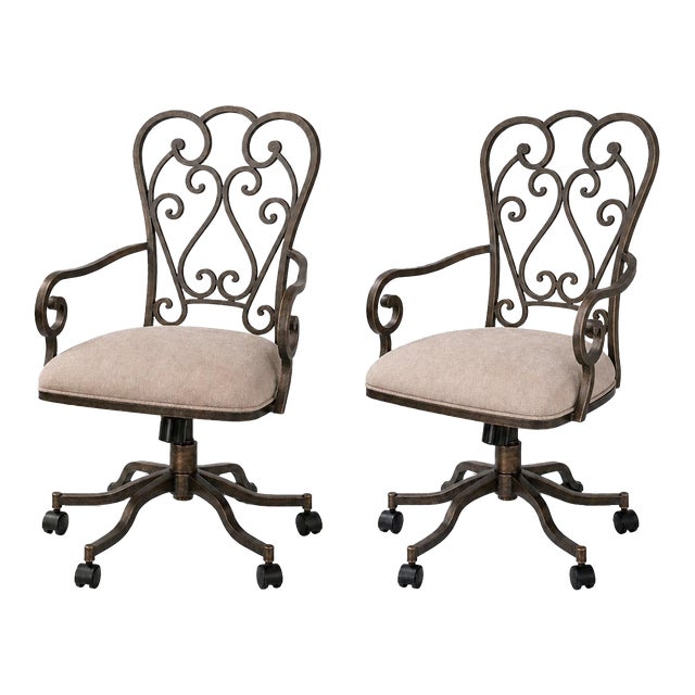 Pair of Vintage Sunlit Bronze Scrollwork Swivel Armchairs — Suede Seats, Rolling Casters, 38” H For Sale
