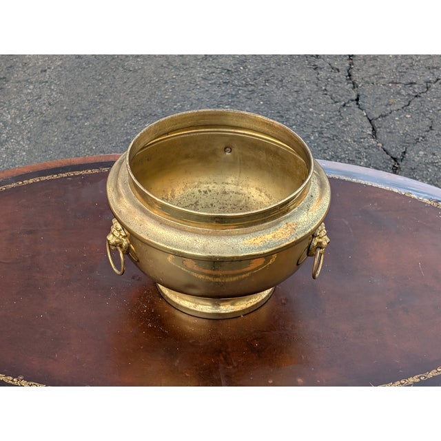 Vintage Heavy Solid Brass Small Round Pedestal Planter With Lion Heads For Sale - Image 4 of 9