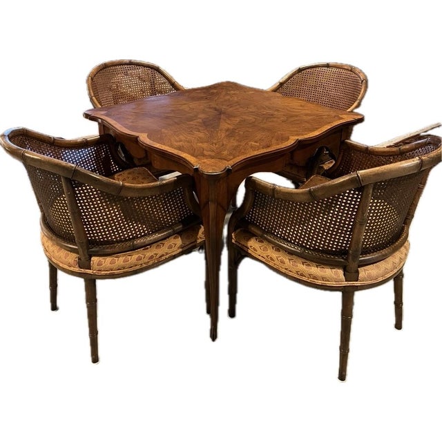 Mid 20th Century Faux Bamboo and Cane Barrel Chairs With Blockprint Upholstery - Set of 4 For Sale - Image 12 of 12