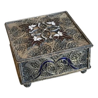 Portuguese Silver Filigree and Enamel Box with Gold Wash For Sale