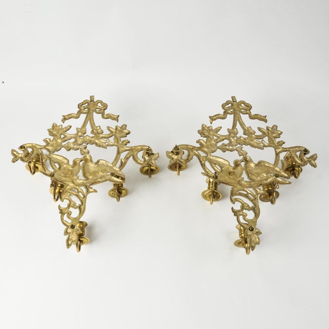 Brass Vintage Solid Brass Ornate 5-Arm Wall Sconce Pair With Ribbon and Love Bird Motif For Sale - Image 8 of 15