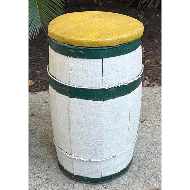 These old whiskey barrel stools came out a boat house on the Isle of Hope in Georgia. The white and green matched the main...