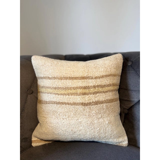 1990s Turkish Hemp Pillow, Ivory Taupe Multi-Stripe Cushion, Handwoven Anatolian Pillow With Insert, 16x16 In For Sale - Image 5 of 8