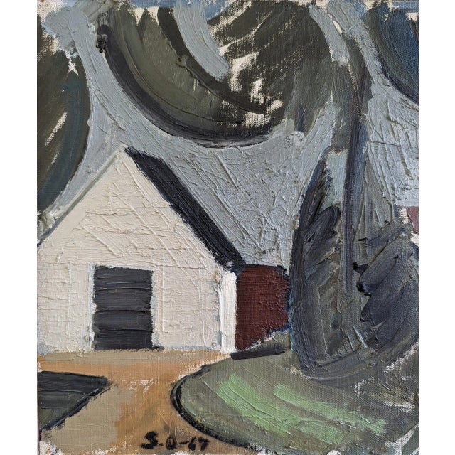Mid-Century Modern 1967 Mid-Century Modern Swedish "House by the Trees" Vintage Landscape Oil Painting, Framed For Sale - Image 3 of 11