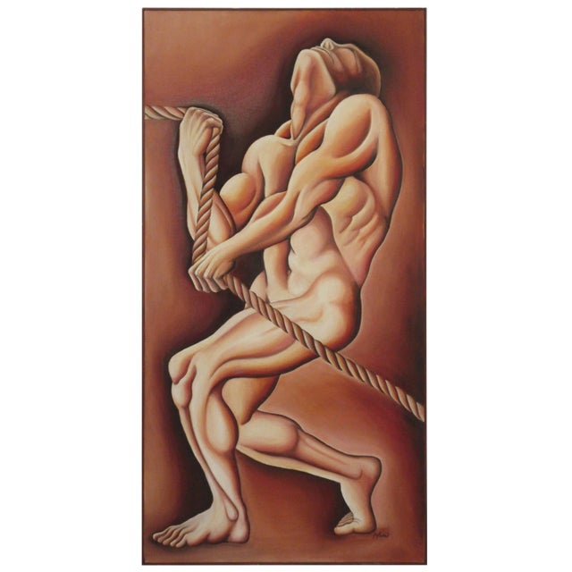 1970s Signed Oil on Canvas Man Pulling Rope For Sale