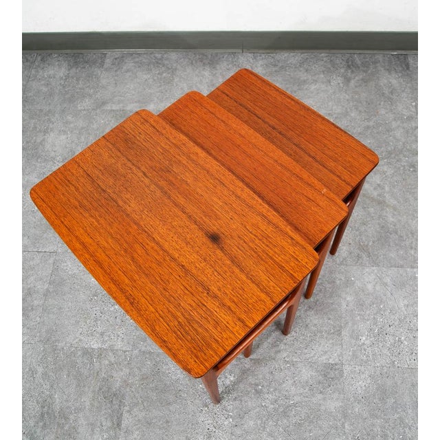 1960s Mid Century Danish Modern Nesting Tables Solid Teak Set 3 Denmark Cane Vintage For Sale - Image 5 of 12
