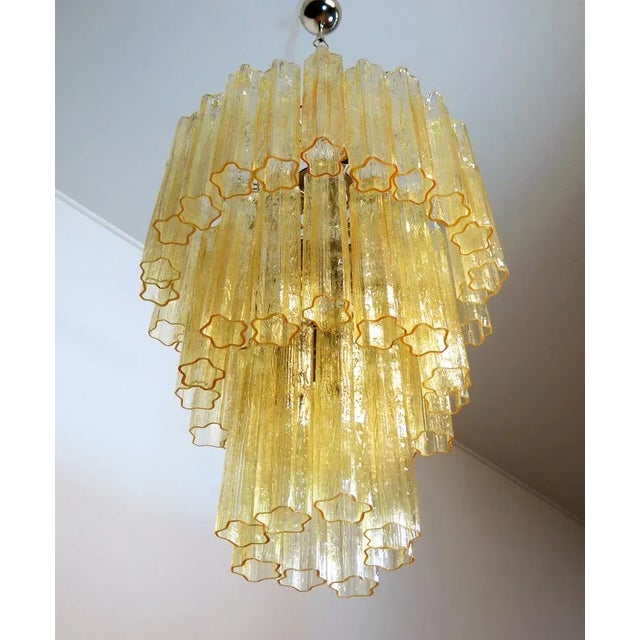 Italian vintage chandelier in Murano glass and nickel-plated metal structure. The armor polished nickel supports 48 large...
