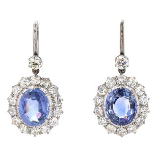 4.47 Carat Round Brilliant Cut Diamond Blue Sapphire Gold Earrings, Pair For Sale