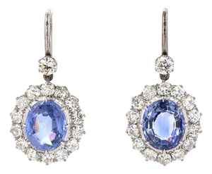 4.47 Carat Round Brilliant Cut Diamond Blue Sapphire Gold Earrings, Pair