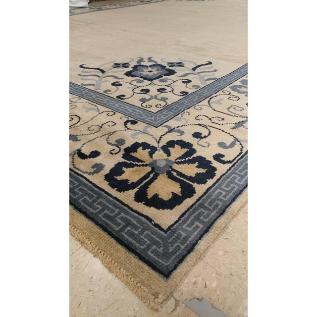 Vintage Chinese Carpet, Tan and Blue Carpet, Handmade Wool Rug For Sale - Image 17 of 18