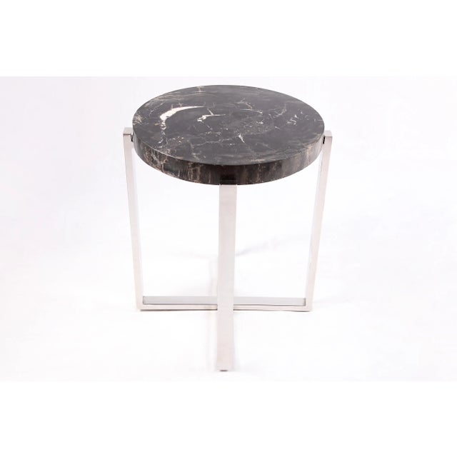 2020s Round Petrified Wood Top W Stainless Steel Stand Accent Table or Side Table 71 For Sale - Image 5 of 5
