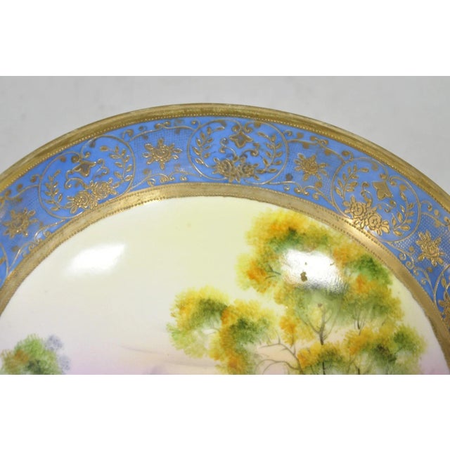 Early 20th Century Nippon Hand Painted Porcelain Blue Centerpiece Compote Bowl W/ Cottage & Geese For Sale - Image 12 of 18