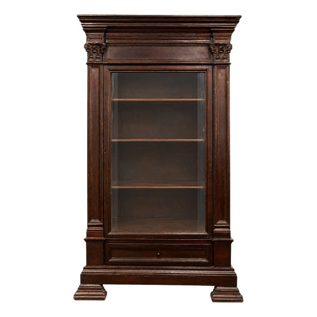 Antique Carved Wooden Display Cabinet with Sculpted Capitals in Walnut For Sale