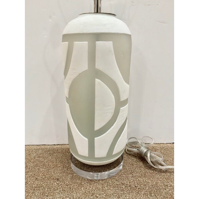 Modern Currey & Co Carved Glass Lamp For Sale - Image 3 of 5