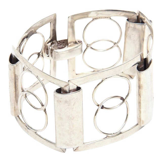 Vintage Italian Signed Sterling Silver Modernist Geometric Link Cuff Bracelet For Sale