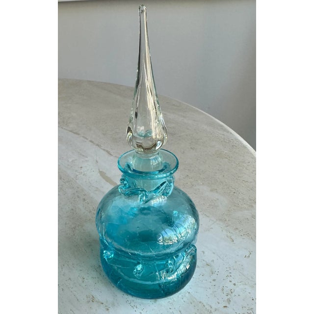Mid-Century Modern 1960s Turquoise Blue Blenko or Empoli Style Crackle Glass Bottle With Stopper For Sale - Image 3 of 8