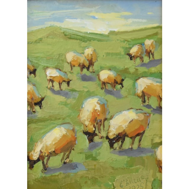 Farmhouse Impressionist Flock Sheep Grazing Oil Painting Including the Antiqued Gold Wood Frame For Sale - Image 3 of 4
