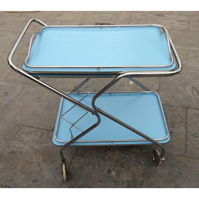 Bleu Formica and Chrome Plated Trolley with Removable Serving Tray from Torck, 1950s For Sale - Image 12 of 12