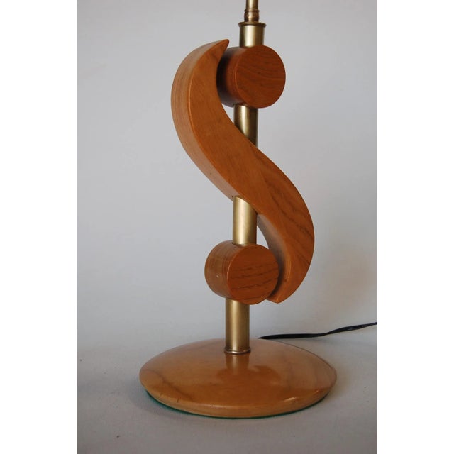 Carved Oak and Brass Biomorphic Modernist Table Lamp, Pair For Sale - Image 4 of 8