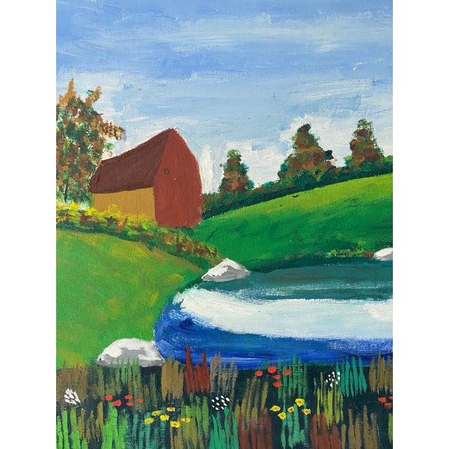 Folk Art 1960s Impressive Bright Naive Folk Art Rural American Landscape Painting Signed For Sale - Image 3 of 5