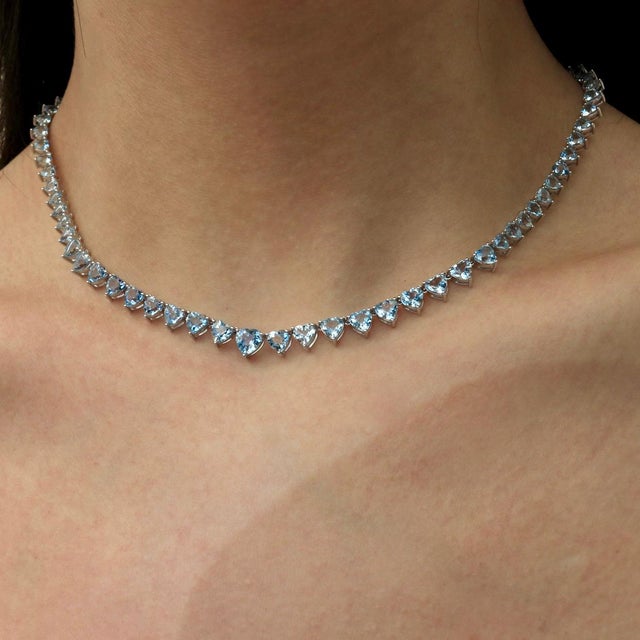 Nina Zhou Jewelry Nina Zhou 20.40ct Heart Aquamarine Riviera Graduated Tennis Necklace in 14k White Gold For Sale - Image 4 of 7
