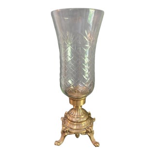 Late 20th Century Crystal & Ornate Brass Base Hurricane Center Piece Mantle Candle Holder For Sale