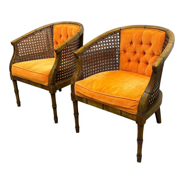 Saffron Velvet Mid 20th Century Cane Barrel Chairs, Pair For Sale