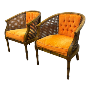 Saffron Velvet Mid 20th Century Cane Barrel Chairs, Pair