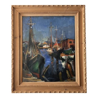 Mid 20th Century "Boats at Harbor" Nautical Seascape Oil Painting by Oliver Foss, Framed For Sale