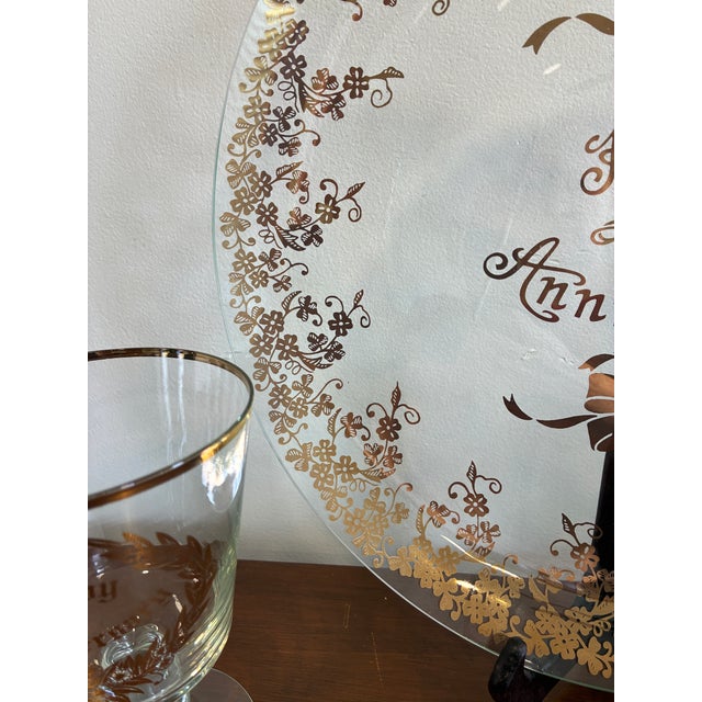 Gold Vintage “Happy Anniversary” Gold Floral Glass Plate and Goblet Set For Sale - Image 8 of 9
