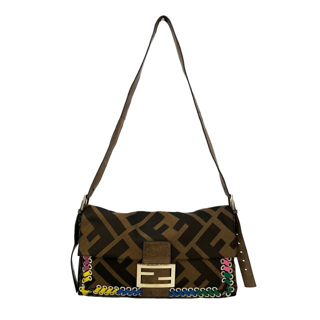 Late 20th Century Fendi Zucca Canvas Rainbow Whipstitch XL Baguette For Sale - Image 5 of 12