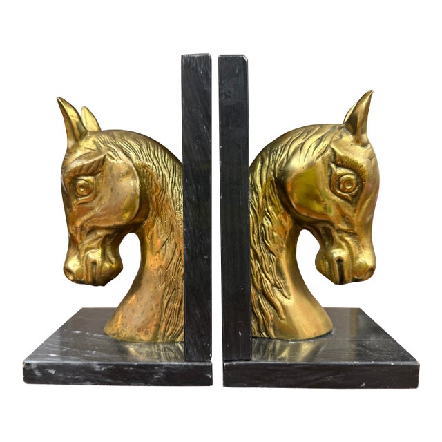 Vintage Brass and Marble Horse Bookends For Sale