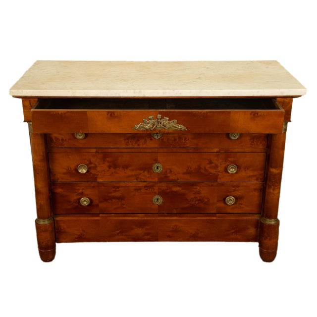 Wood Antique 19th Century French Empire Burl Walnut Marble Ormolu Chest Drawers Commode 1810 For Sale - Image 7 of 14