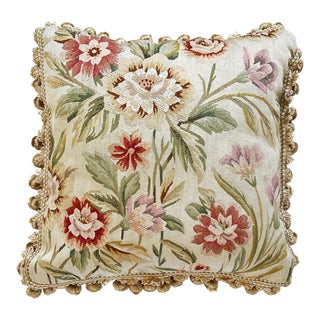 Aubusson Floral Tapestry Pillow With Down Insert and Gold Border Tassels For Sale