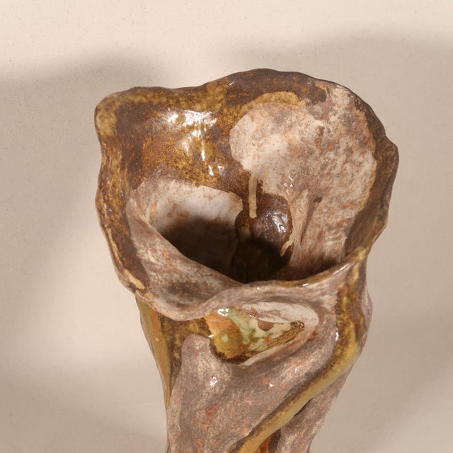 Large Organic Hand Formed Brutalist Studio Pottery Ceramic Sculpture Vase With Natural Drip Glaze For Sale In Tulsa - Image 6 of 16