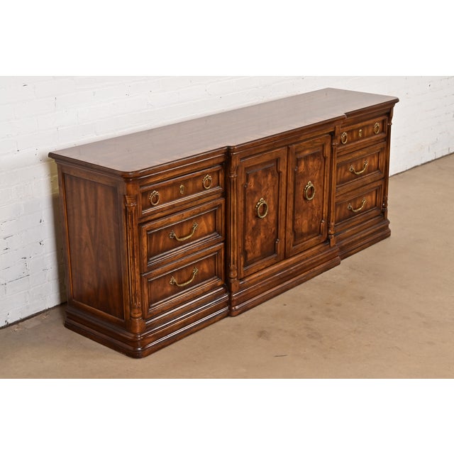 French Drexel Heritage French Regency Louis XVI Burled Walnut Triple Dresser or Credenza, Circa 1970s For Sale - Image 3 of 11