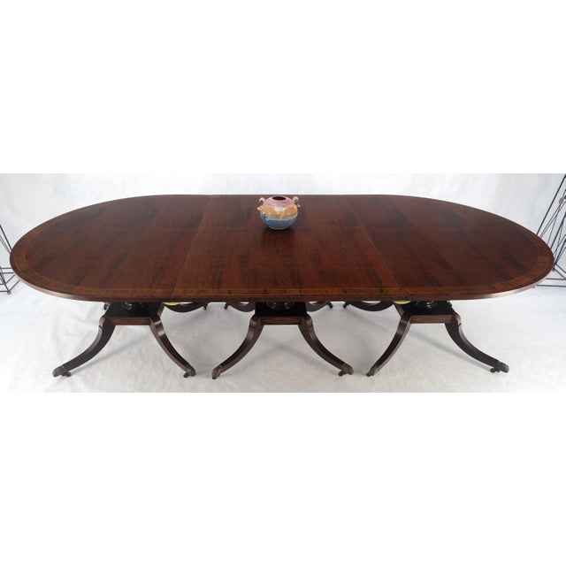 Banded Mahogany Tripple Pedestal Base 3 Ext. Section 157" Long Dining Table MINT For Sale - Image 10 of 12