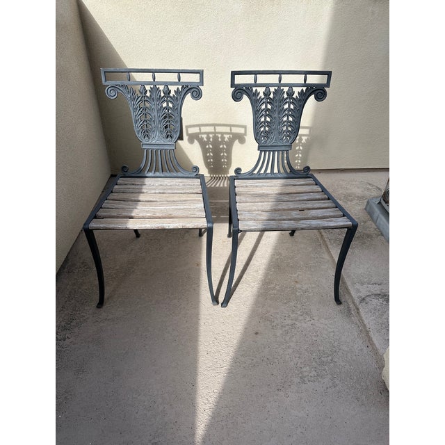 1930s Pair of Neoclassical Lyre Back Cast Iron Lyre Back With Weathered Wood Seats For Sale In San Diego - Image 6 of 18