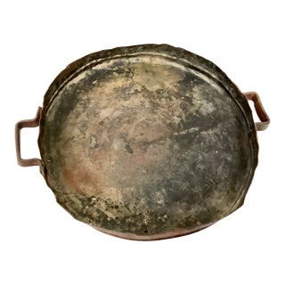 Vintage Shallow Hammered Copper Pan With Brass Handles For Sale