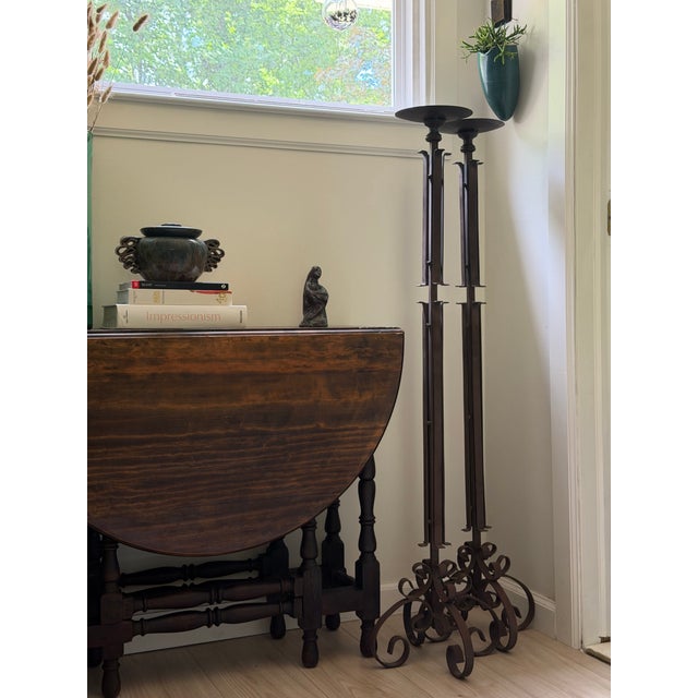 Brown Pair of Monumental Vintage Spanish Revival Wrought Iron Floor Candle Holders For Sale - Image 8 of 8