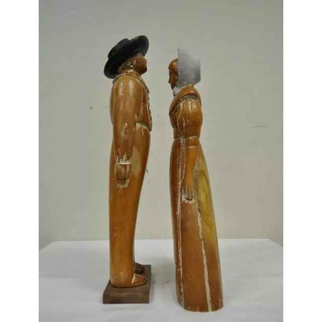 Late 20th Century Vintage Sarreid Ltd Pine Wooden Folk Art Sculptures Man and Woman - a Pair For Sale - Image 4 of 7