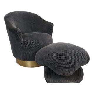 Mid-Century Modern Blue Corduroy Barrel Swivel Chair and Ottoman For Sale