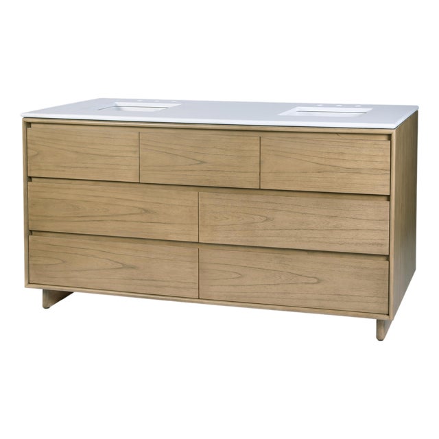 Halmstad 72 in. W Rectangular Wood Double Sink 5 Drawer Bathroom Vanity Set, Blonde Oak For Sale