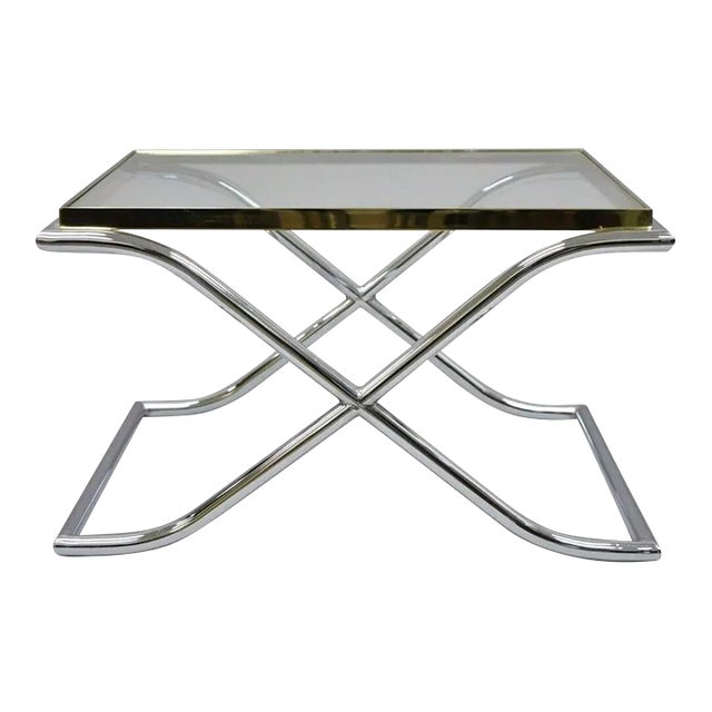 Late 20th Century Vintage Hollywood Regency X-Frame Chrome Brass & Glass Small Coffee Tablee For Sale