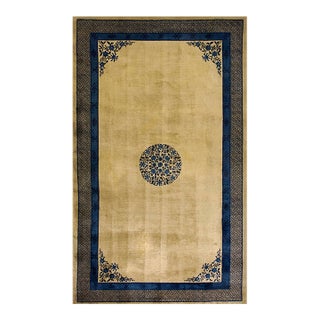1900s Beige Field Open Field Medallion Classic Deco Antique Chinese Peking Rug For Sale