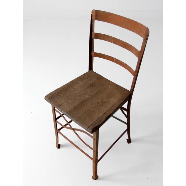 Antique Early 20th Century Riveted Metal Chair With Wood Seat For Sale - Image 9 of 9