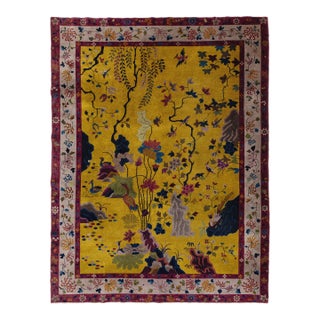 Antique Chinese Art Deco "Peking" Gold Wool Area Rug Garden Motif (1920s) For Sale