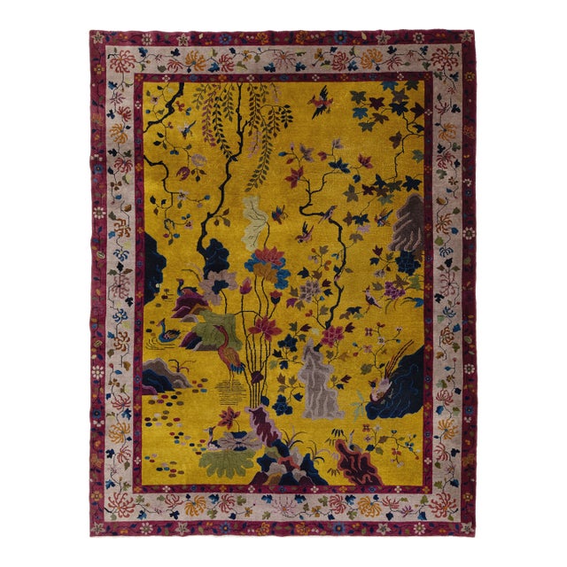Antique Chinese Art Deco "Peking" Gold Wool Area Rug Garden Motif (1920s) For Sale