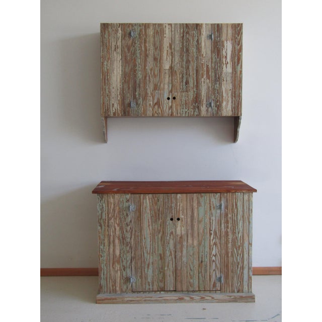 Coastal / Farmhouse Distressed Wood Cabinet Set of 2 For Sale - Image 6 of 9
